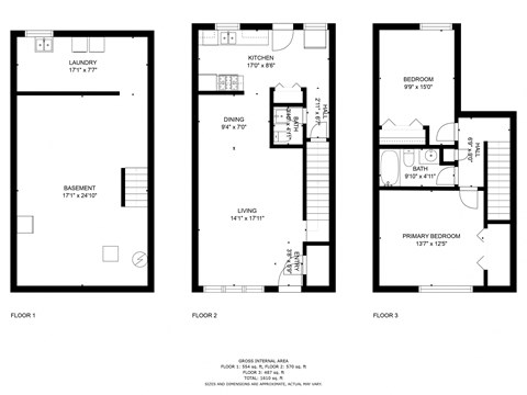 Floor plan for 2 beds, 1.5 baths, 1050 sqft